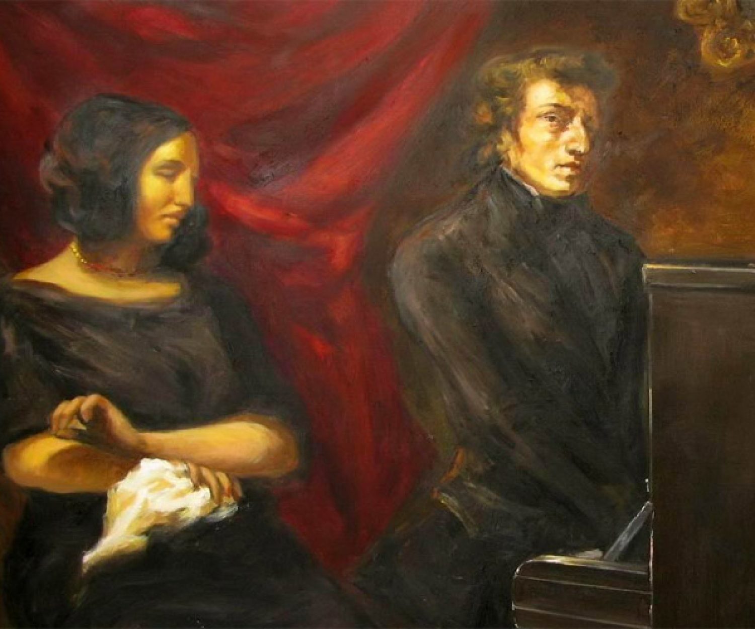 Stylized rendition of joint portrait of Frédéric Chopin and George Sand by Eugène Delacroix