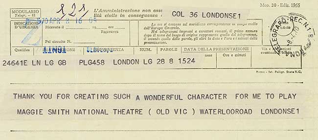 Maggie Smith sent Muriel Spark this telegram the day after she won the Best Actress Oscar for the lead role in the film 'The Prime of Miss Jean Brodie'.