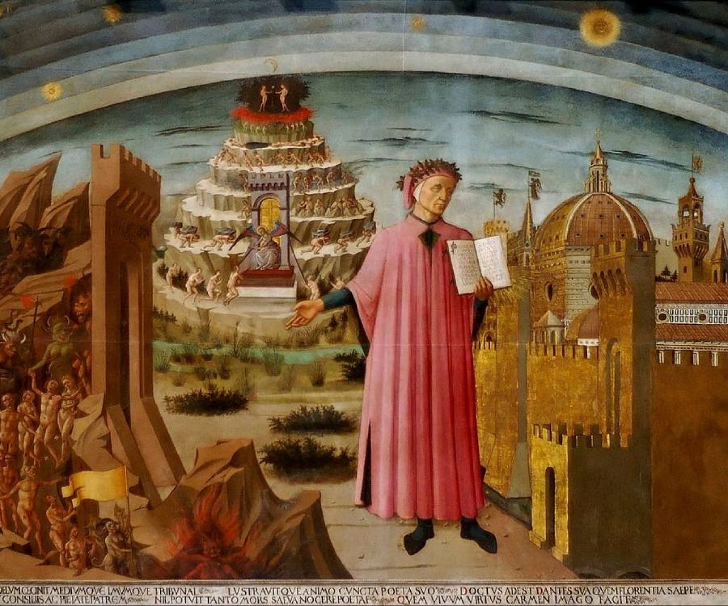 Dante shown holding a copy of the Divine Comedy