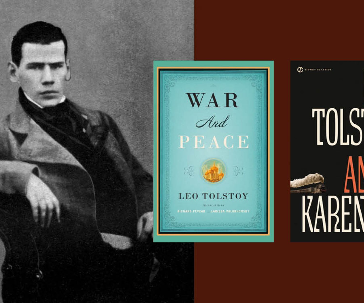 Leo Tolstoy with War & Peace and Anna Karenna