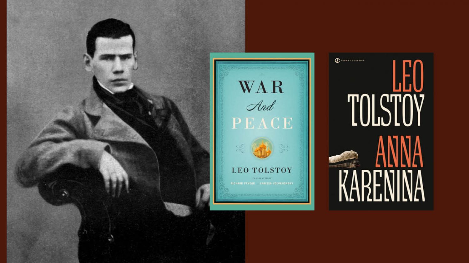 Leo Tolstoy with War & Peace and Anna Karenna