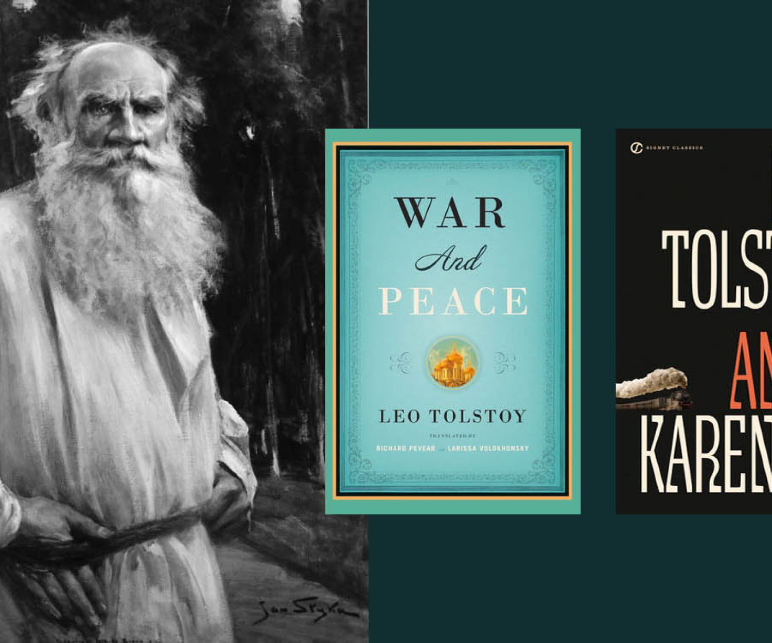 Leo Tolstoy with War & Peace and Anna Karenna