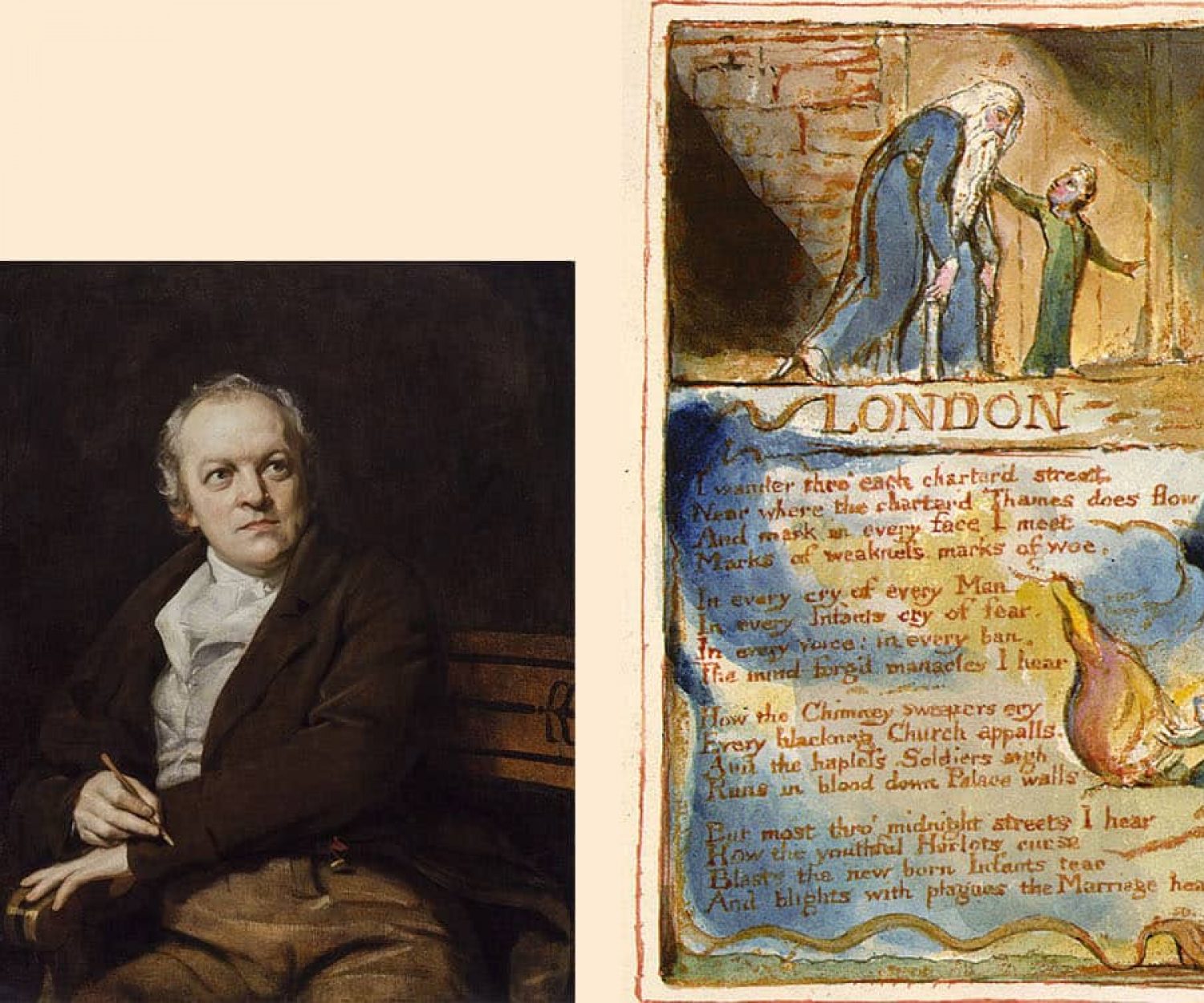 William Blake with Illustrated text of 'London'