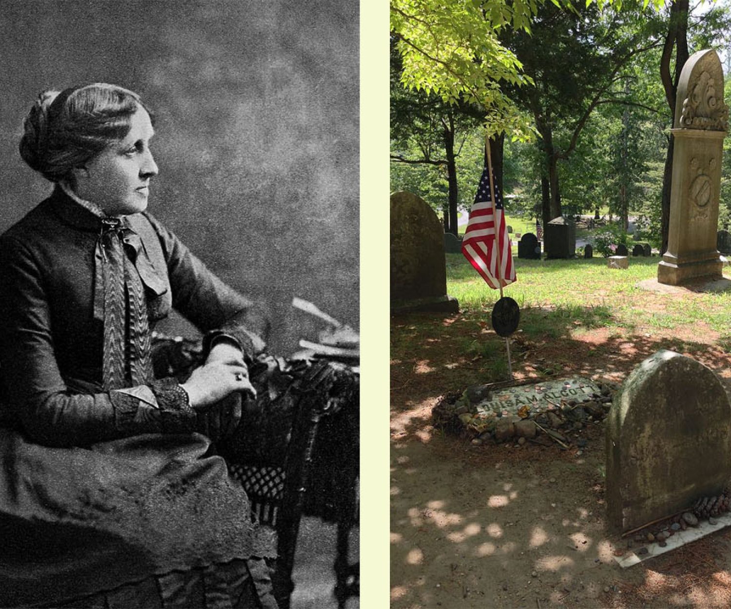 Louisa May Alcott and her grave in Sleepy Hollow Cemetery