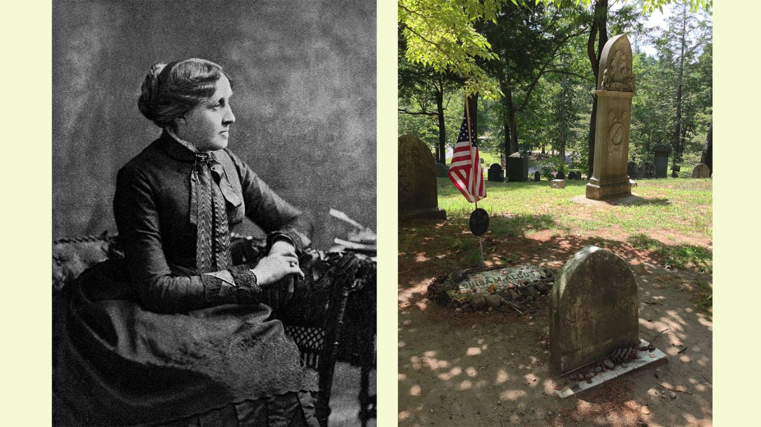 Louisa May Alcott and her grave in Sleepy Hollow Cemetery