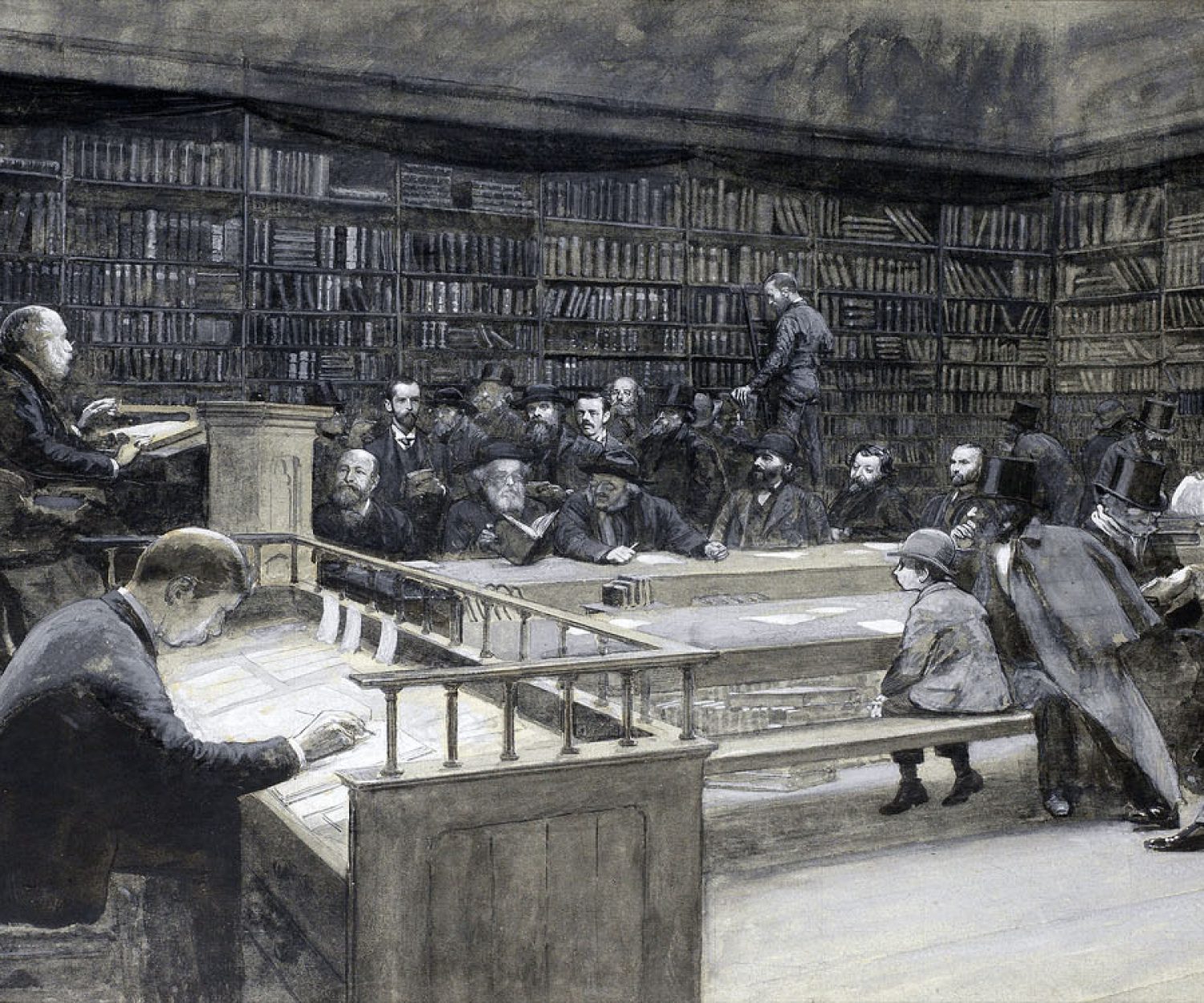 A book sale in progress at Messrs Sotheby, Wilkinson & Hodge of Wellington Street, London, 1888