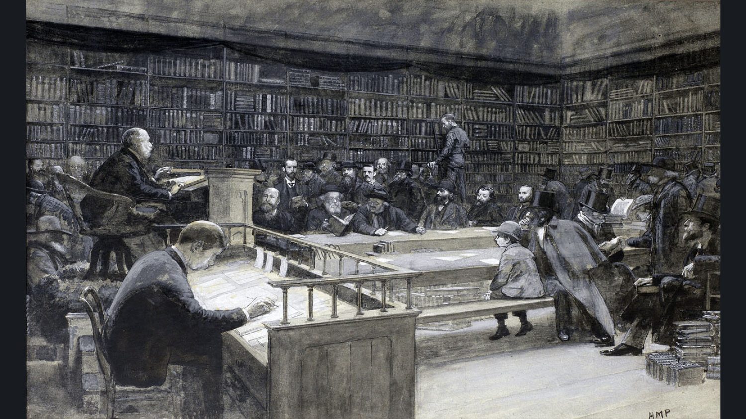 A book sale in progress at Messrs Sotheby, Wilkinson & Hodge of Wellington Street, London, 1888