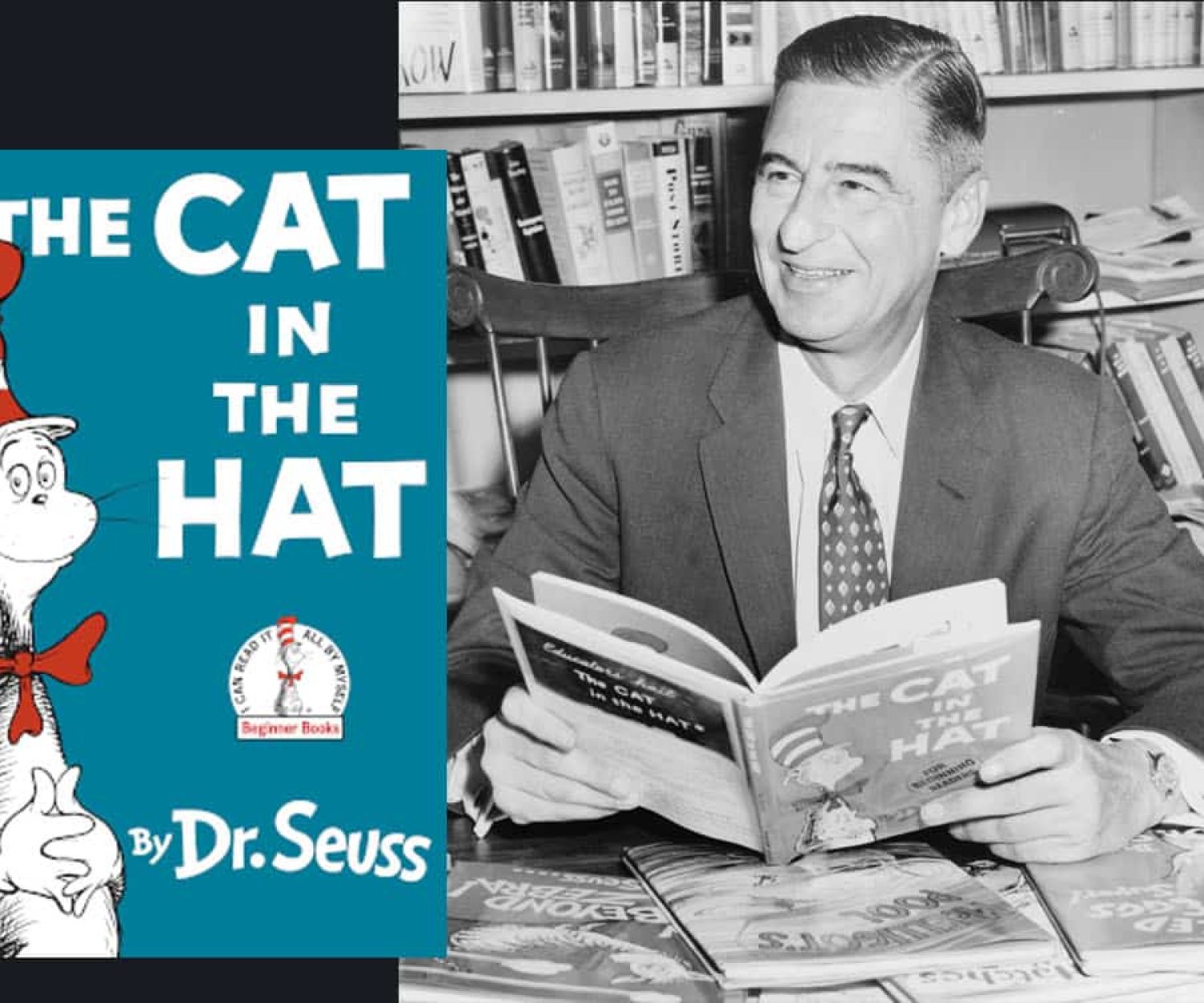 Theodor Geisel in 1957, holding a copy of The Cat in the Hat