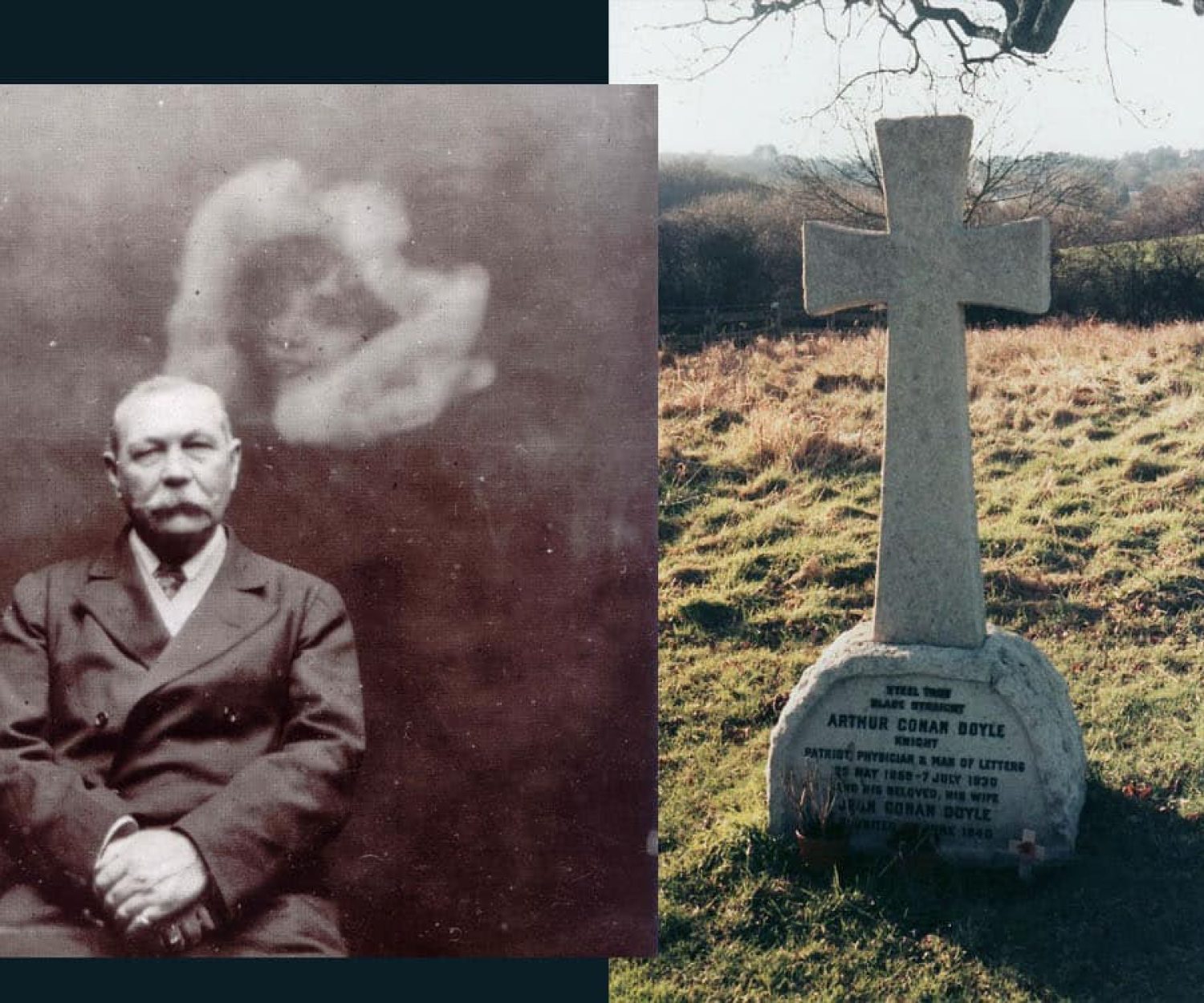Arthur Conan Doyle in 1922 & his headstone