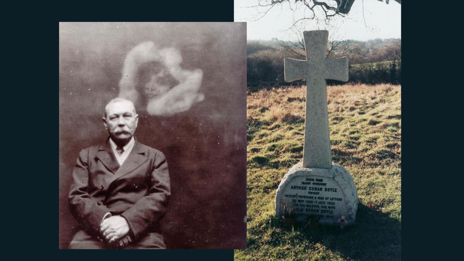 Arthur Conan Doyle in 1922 & his headstone