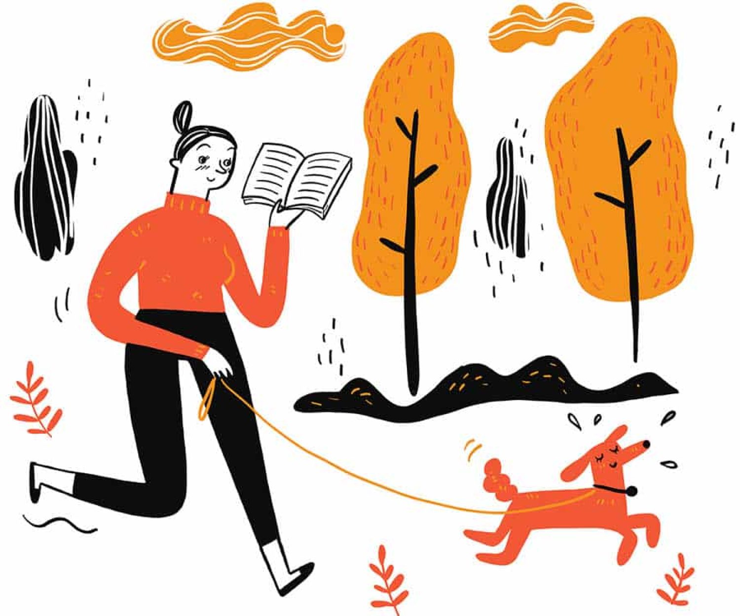 Woman walking dog reading a favourite book