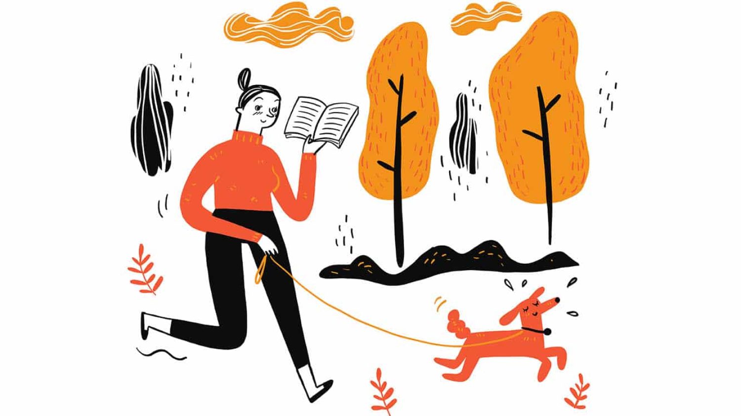 Woman walking dog reading a favourite book