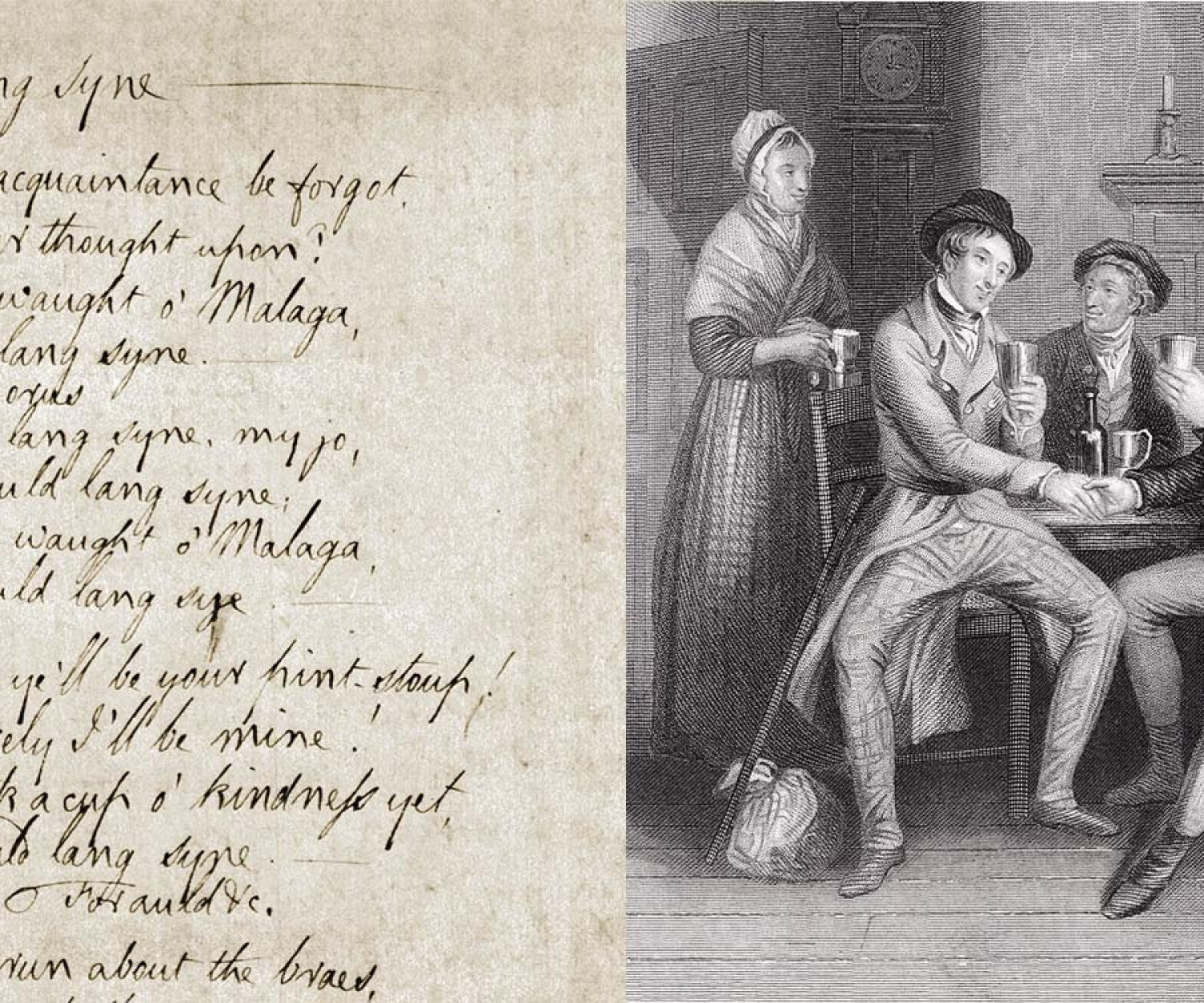Earliest of six known manuscripts of Robert Burns' song Auld Lang Syne & 1841 illustration of the poem