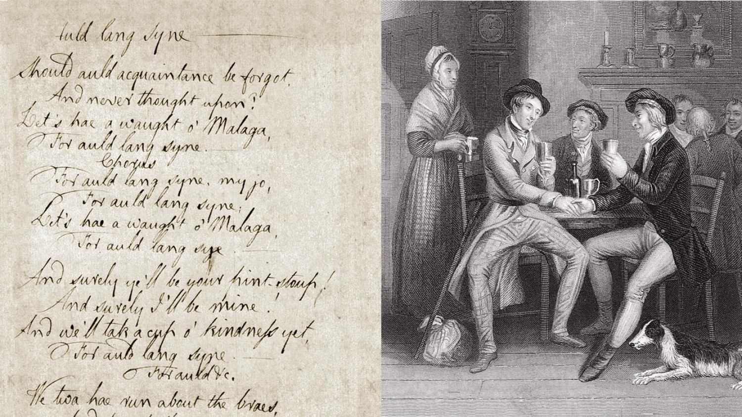 Earliest of six known manuscripts of Robert Burns' song Auld Lang Syne & 1841 illustration of the poem