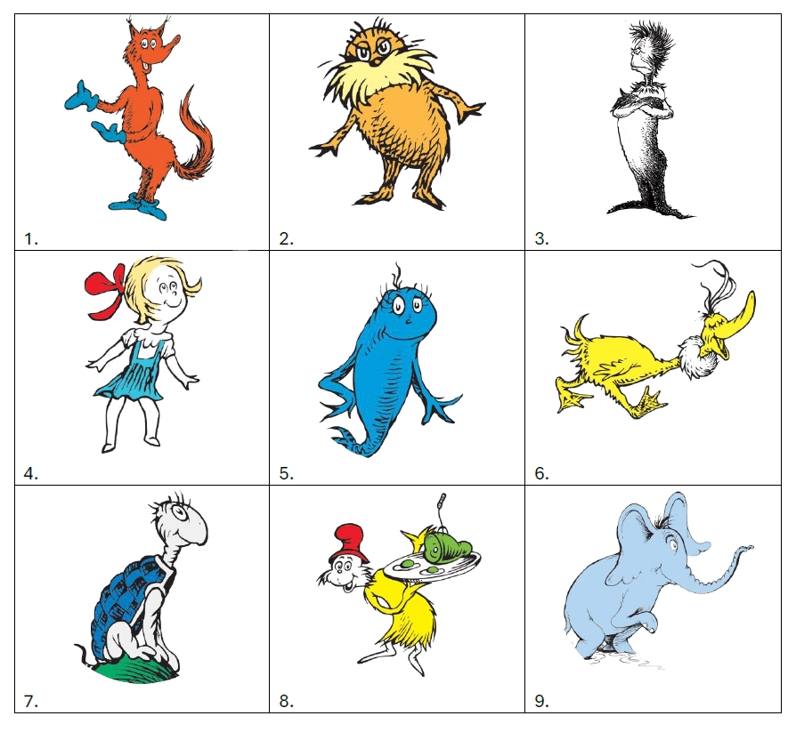 Nine Dr Seuss characters