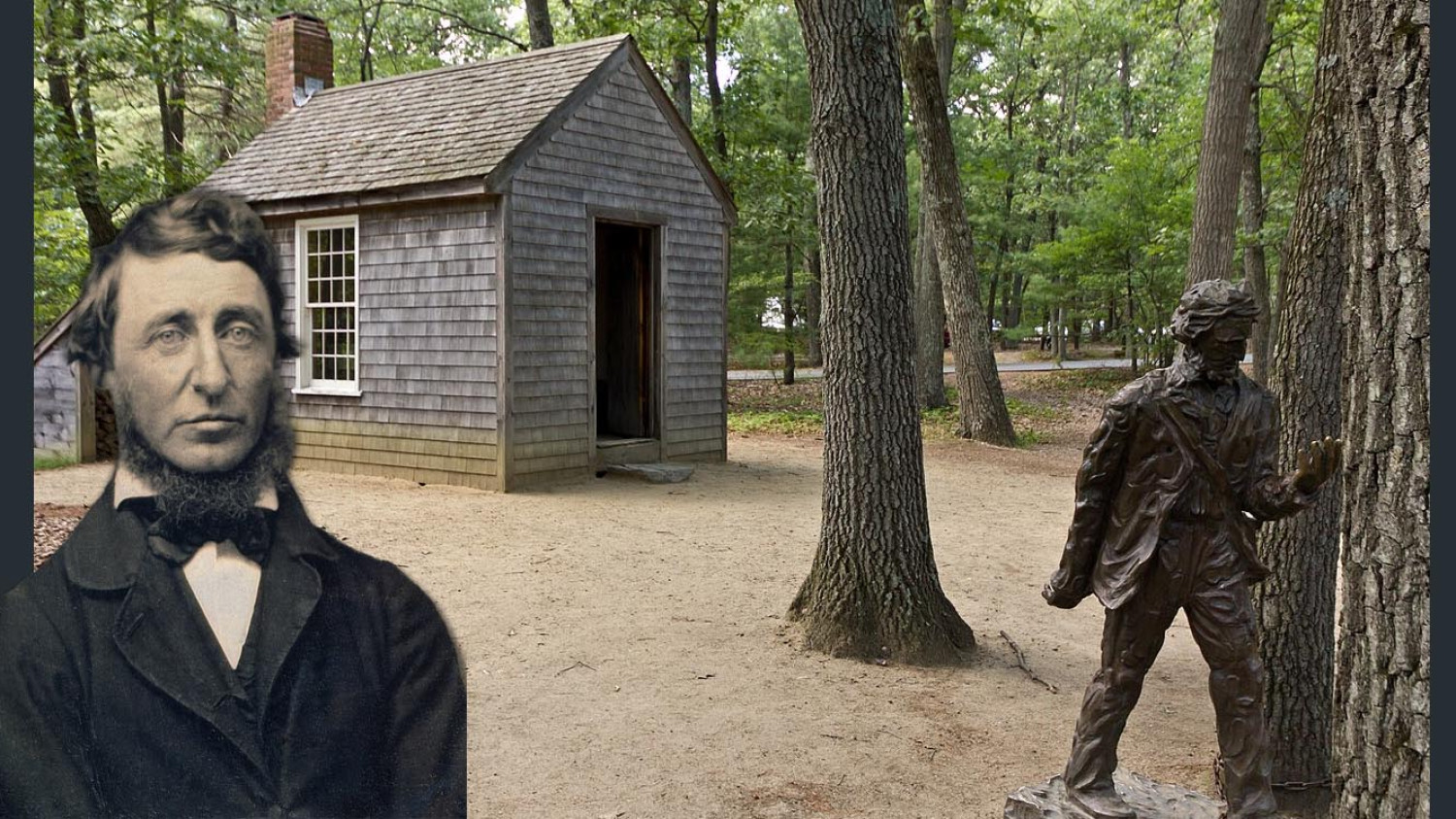 Henry David Thoreau & replica of his cabin at Walden Pond