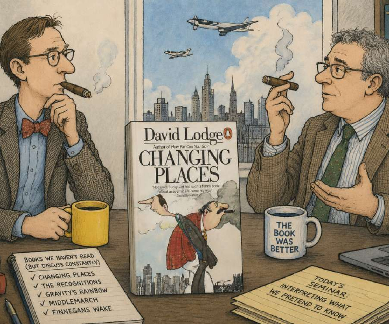 Illustration inspired by David Lodge's novel Changing Places, showing two literature professors discussing books in a university office surrounded by classic novels.