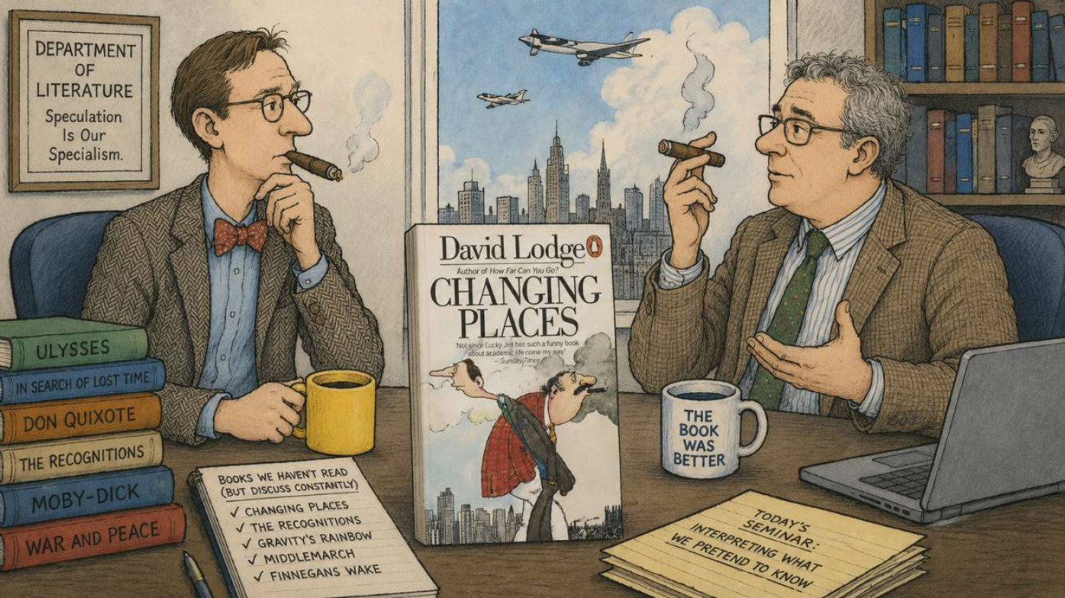 Illustration inspired by David Lodge's novel Changing Places, showing two literature professors discussing books in a university office surrounded by classic novels.